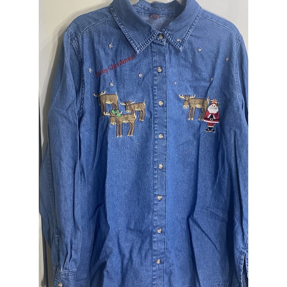 Christmas Denim Embroidery Santa & Reindeer Long Sleeves 2XL(20)Top Teachers